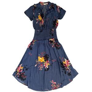 Ella Blu Smocked Waist Navy Multicolor Floral Dress Fairy Cottagecore Small